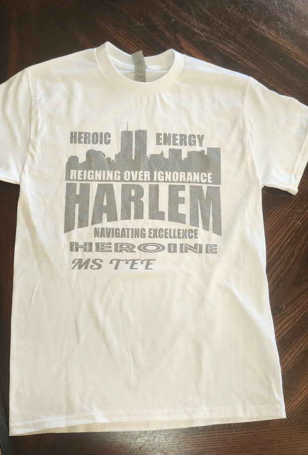 Harlem Heroine T-Shirt White w/ silver lettering - Vanitique