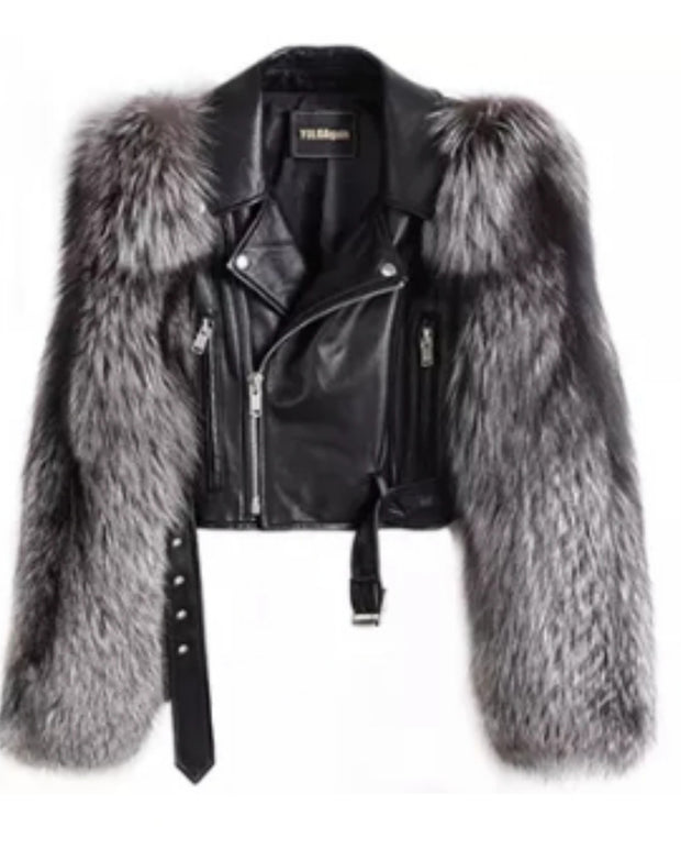 LEATHER JACKET WITH REAL FOX FUR - Vanitique