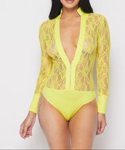 Shine in this Lace Body suit with front zipper - Vanitique
